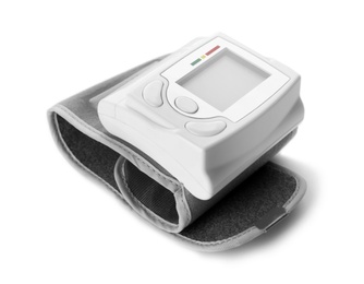 Modern blood pressure meter on white background. Medical device