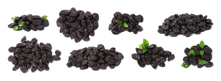 Image of Set with sweet dried prunes on white background. Banner design