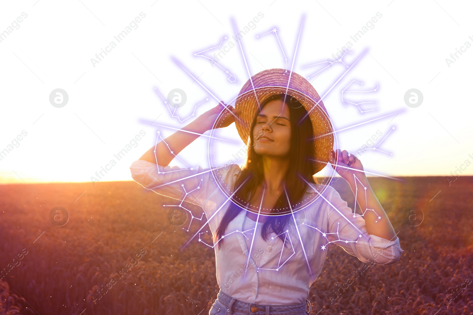 Image of Beautiful young woman outdoors and zodiac wheel illustration