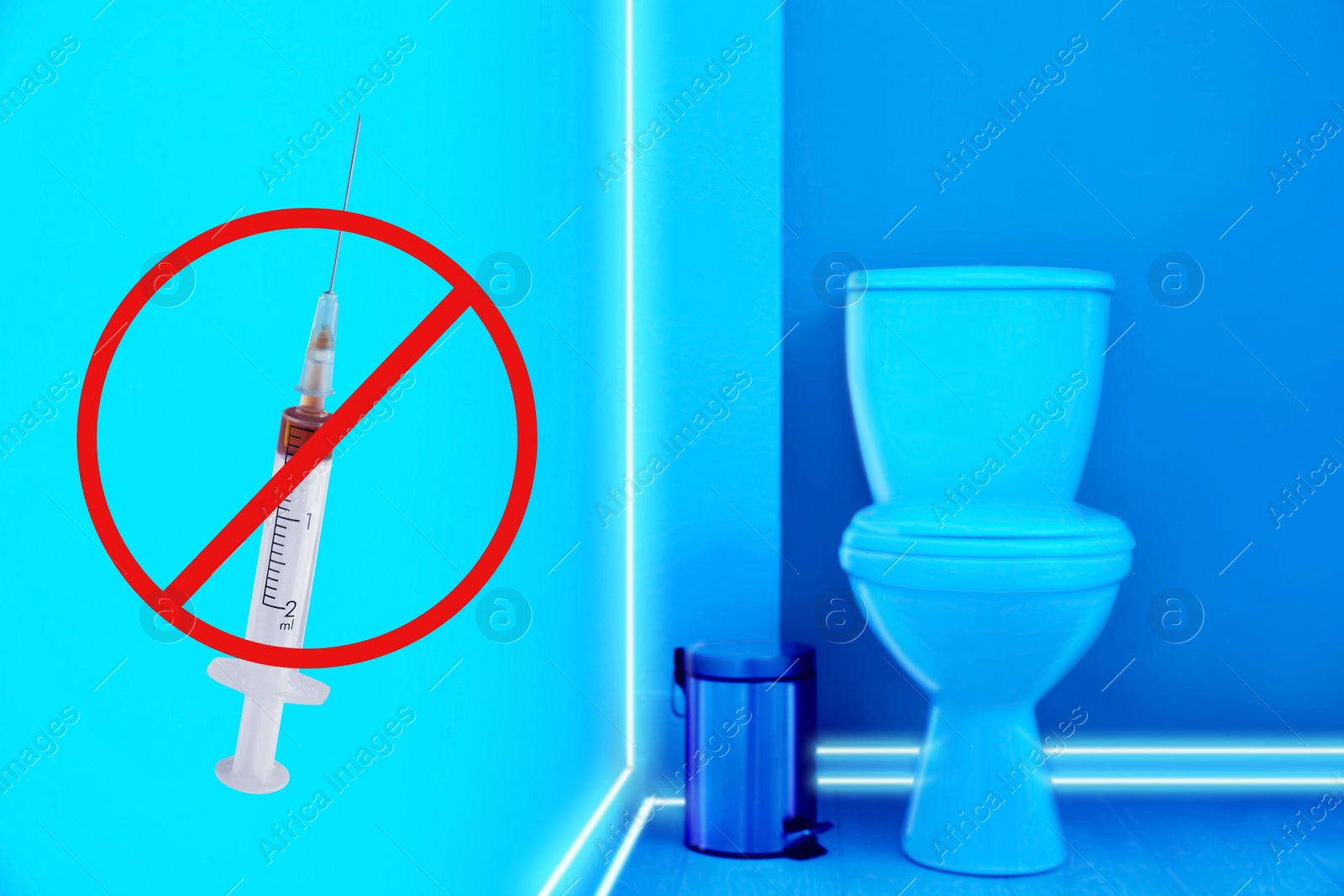 Image of Toilet bowl in public restroom lit with UV blue light