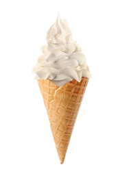 Image of Tasty ice cream in waffle cone isolated on white. Soft serve