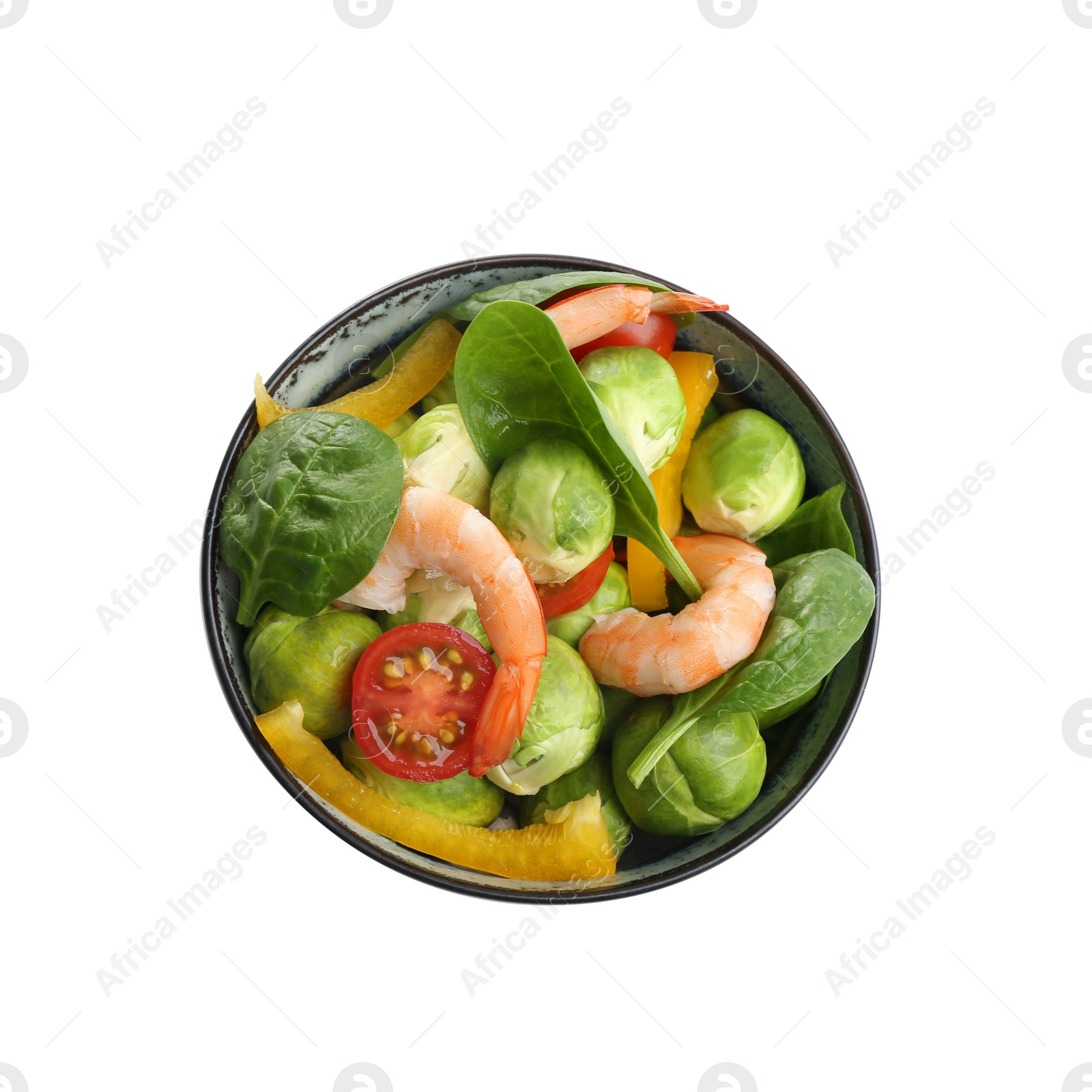 Photo of Tasty salad with Brussels sprouts in bowl isolated on white, top view
