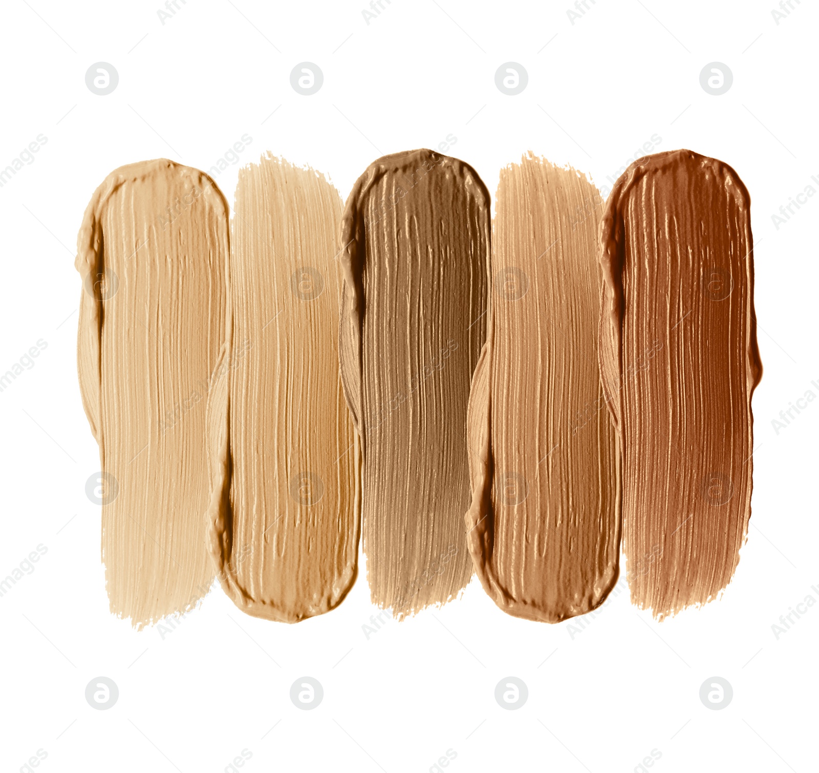 Image of Foundation of various shades for different skin tones isolated on white, top view. Set of samples