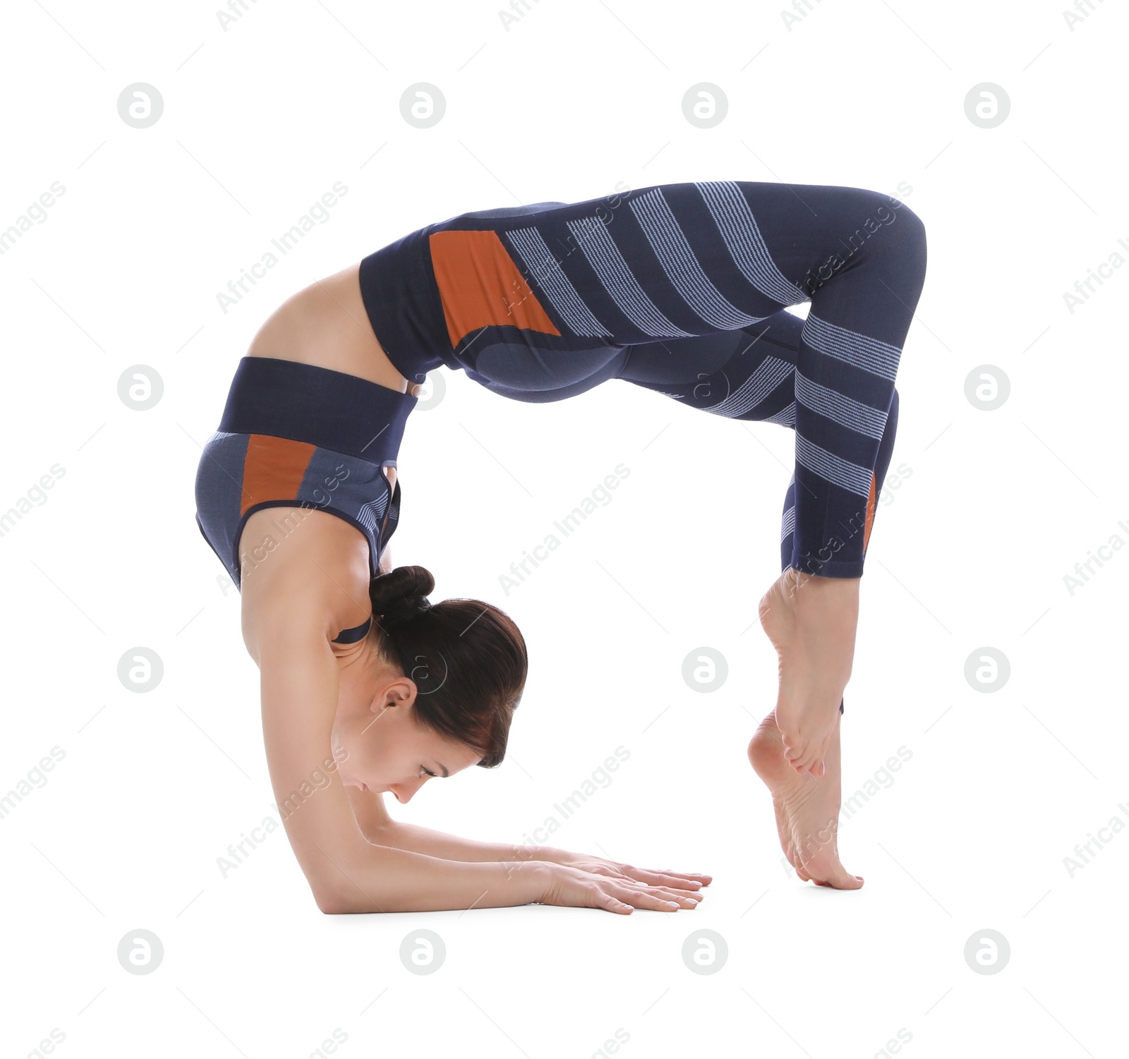 Photo of Professional young acrobat exercising on white background