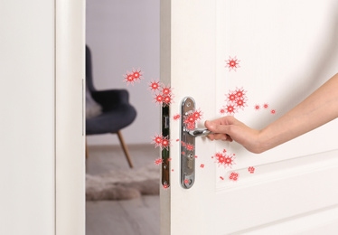 Image of Abstract illustration of virus and woman opening wooden door, closeup. Avoid touching surfaces in public spaces during COVID-19 pandemic