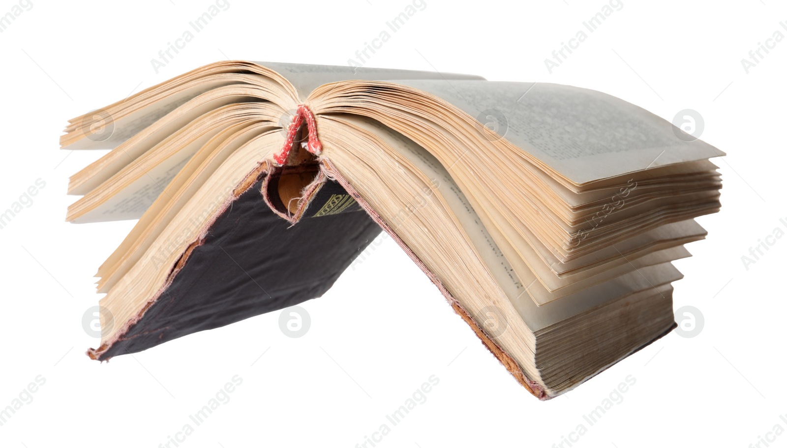 Photo of Open old hardcover book on white background