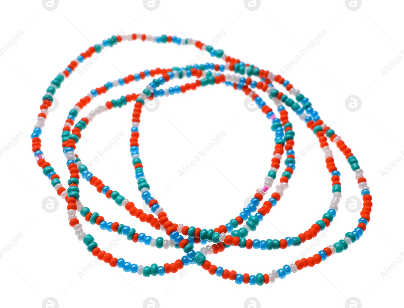 Photo of Beautiful handmade beaded jewelry on white background