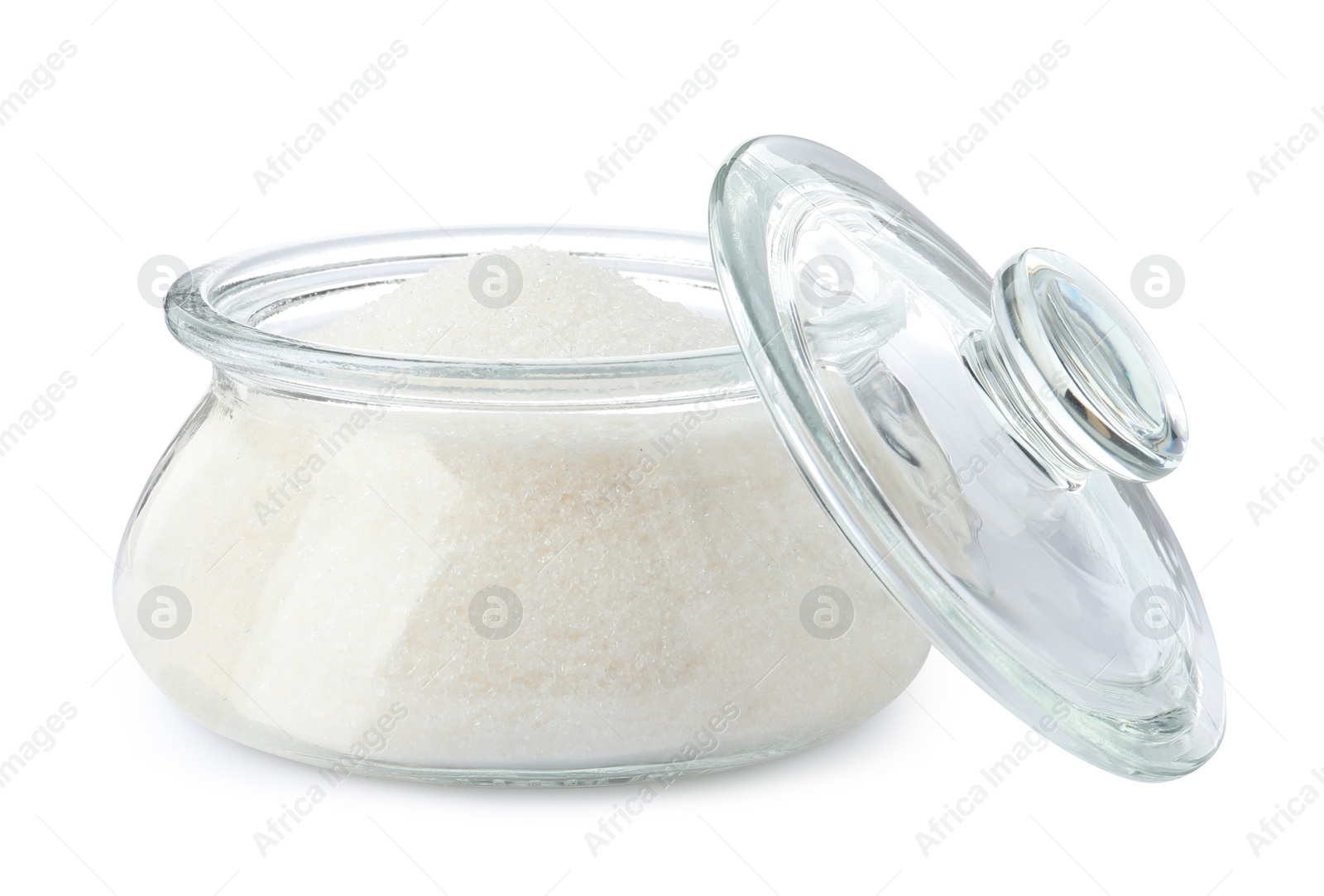 Photo of Glass bowl with sugar isolated on white