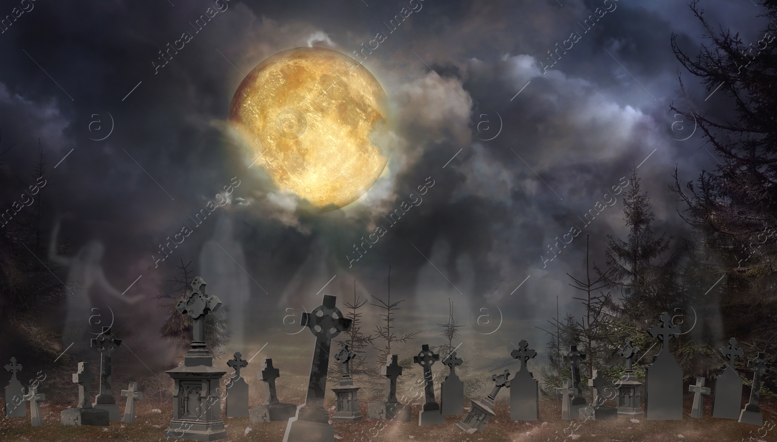 Image of Ghosts rising from their graves with creepy headstones at old cemetery on Halloween