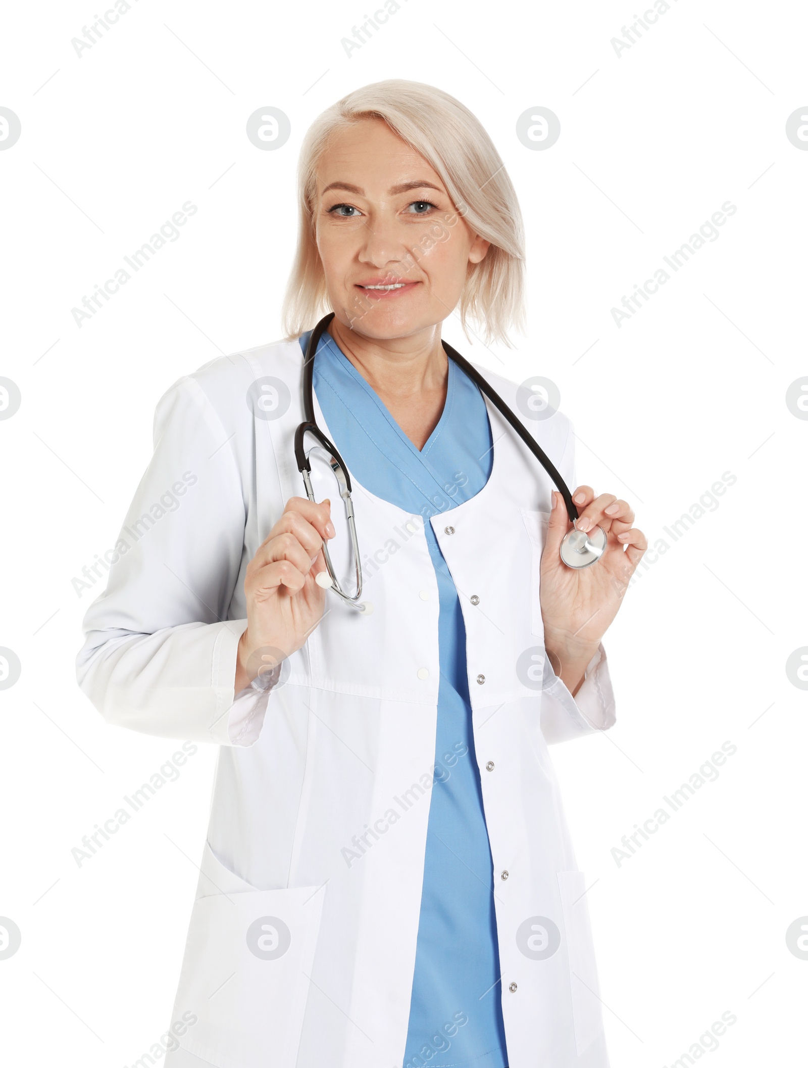 Photo of Portrait of female doctor isolated on white. Medical staff