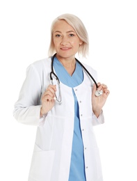 Portrait of female doctor isolated on white. Medical staff