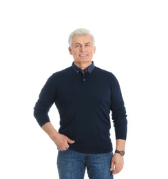 Photo of Portrait of handsome mature man on white background