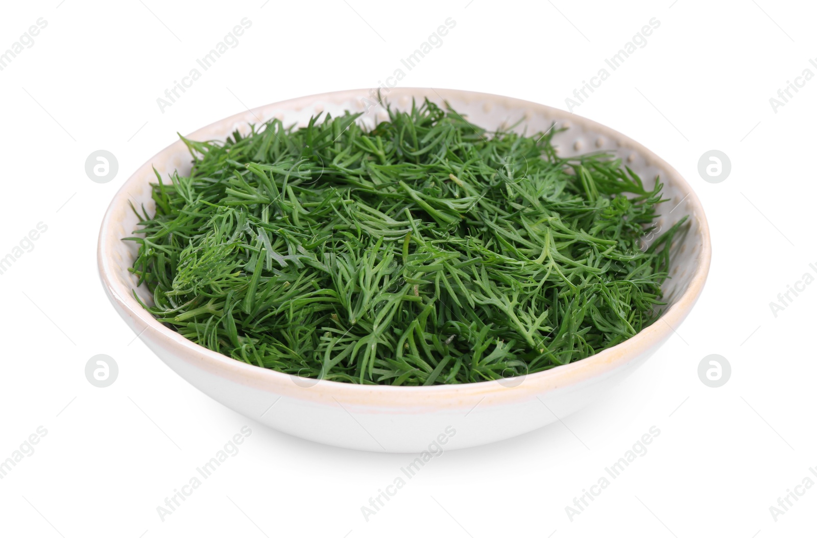 Photo of Fresh dill in bowl isolated on white