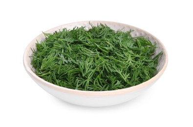 Photo of Fresh dill in bowl isolated on white