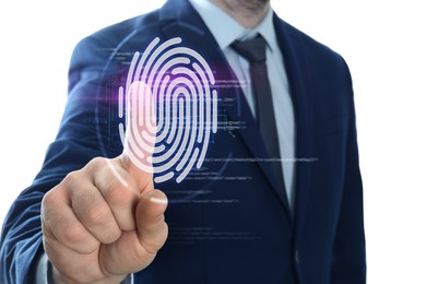 Image of Man using biometric fingerprint scanner on white background, closeup