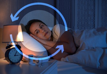 Image of Mature woman suffering from insomnia in bed at night. Problem of sleep deprivation