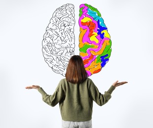 Image of Logic and creativity. Woman and illustration of brain on white background. One bright painted hemisphere and another with different formulas