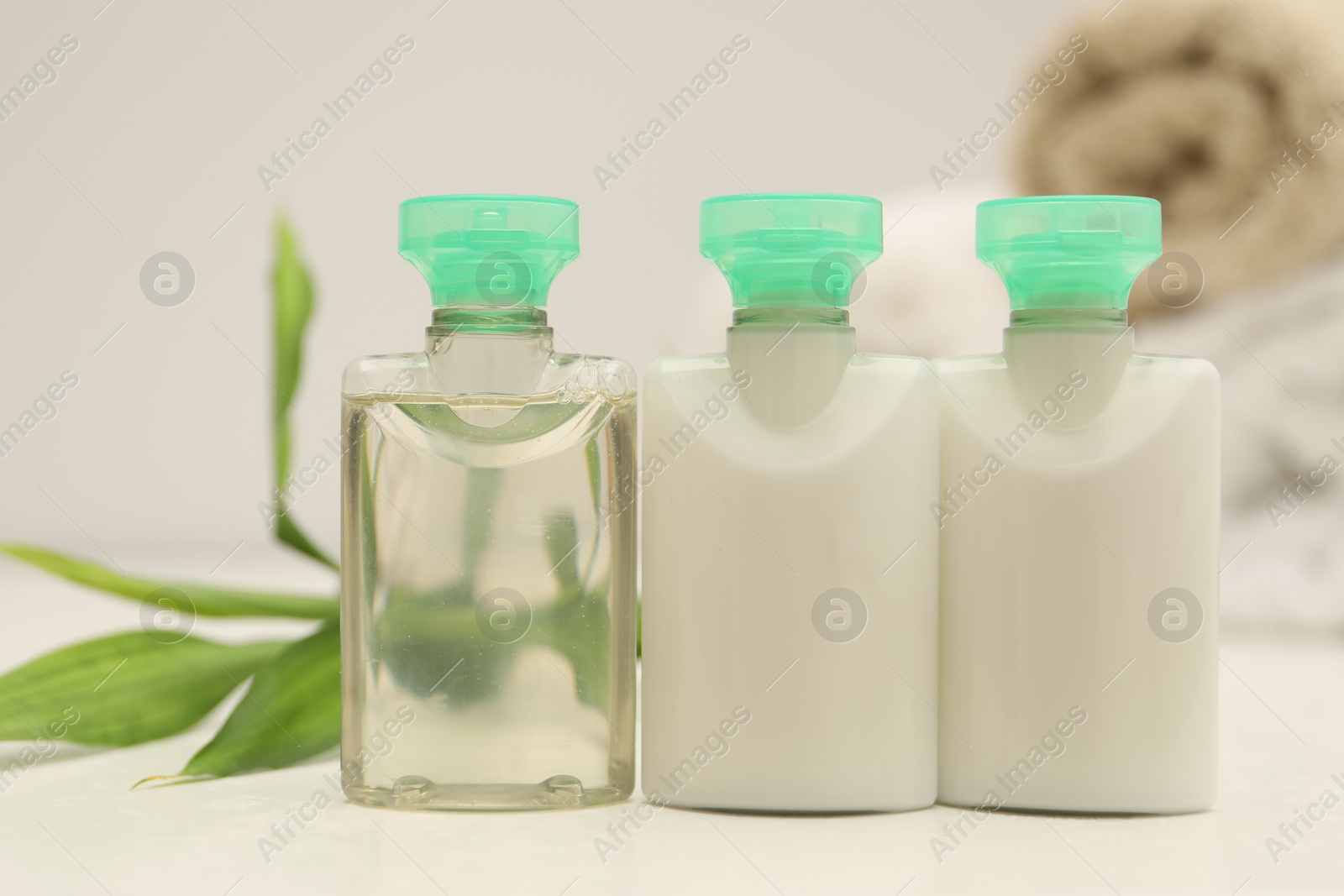 Photo of Mini bottles of cosmetic products and green branch on white table, closeup