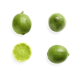 Photo of Fresh limes on white background, top view