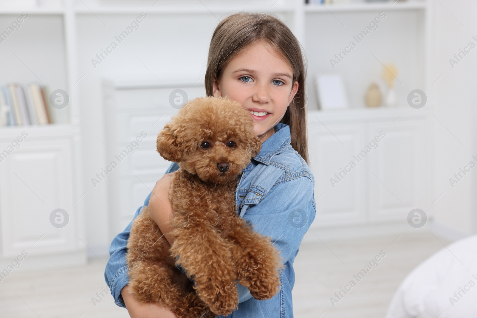 Photo of Little child with cute puppy at home. Lovely pet