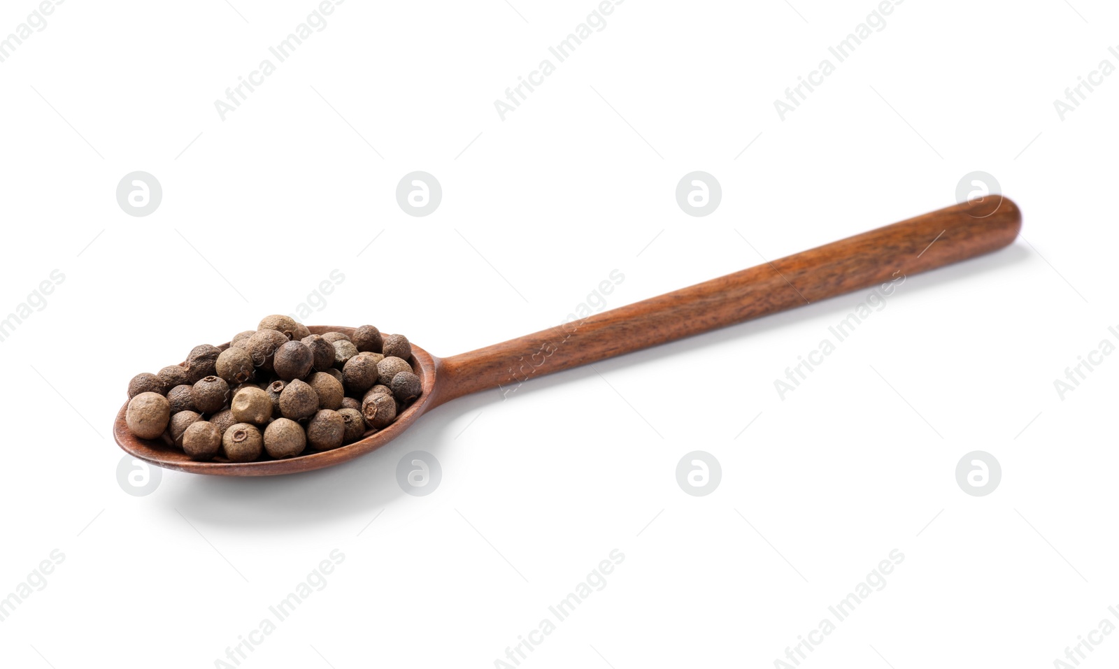Photo of Dry allspice berries (Jamaica pepper) in spoon isolated on white