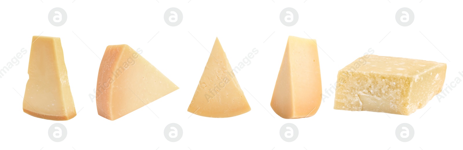 Image of Set with pieces of delicious parmesan cheese on white background. Banner design