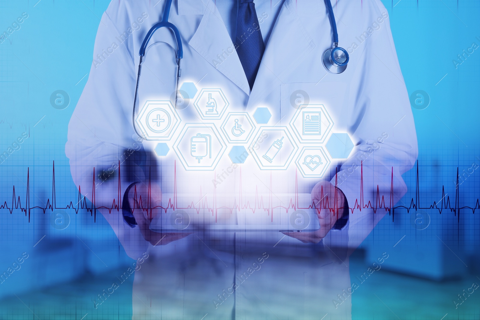 Image of Medical technology concept. Doctor with tablet and illustration of different icons, double exposure