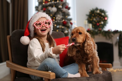 Photo of Cute little girl in Santa hat feeding English Cocker Spaniel with candy cane at home. Christmas celebration