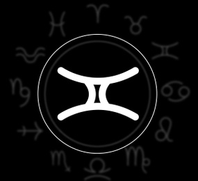Illustration of Gemini astrological sign and zodiac wheel on black background. Illustration 