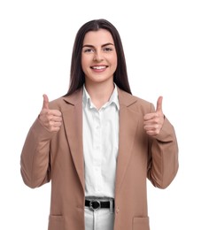 Photo of Beautiful happy businesswoman showing thumbs up on white background