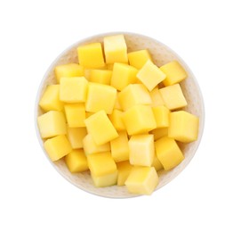 Photo of Tasty mango cubes in ceramic bowl isolated on white, top view