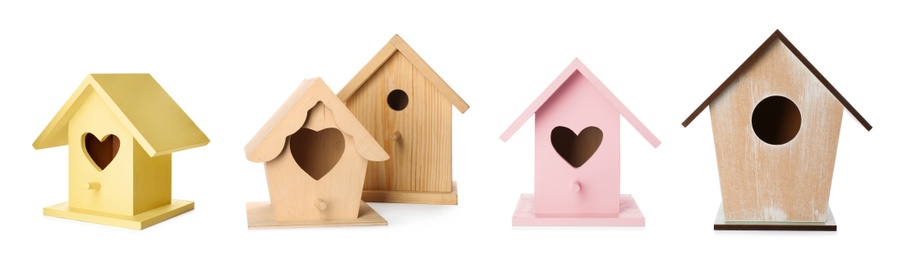 Image of Set with different beautiful bird houses on white background, banner design
