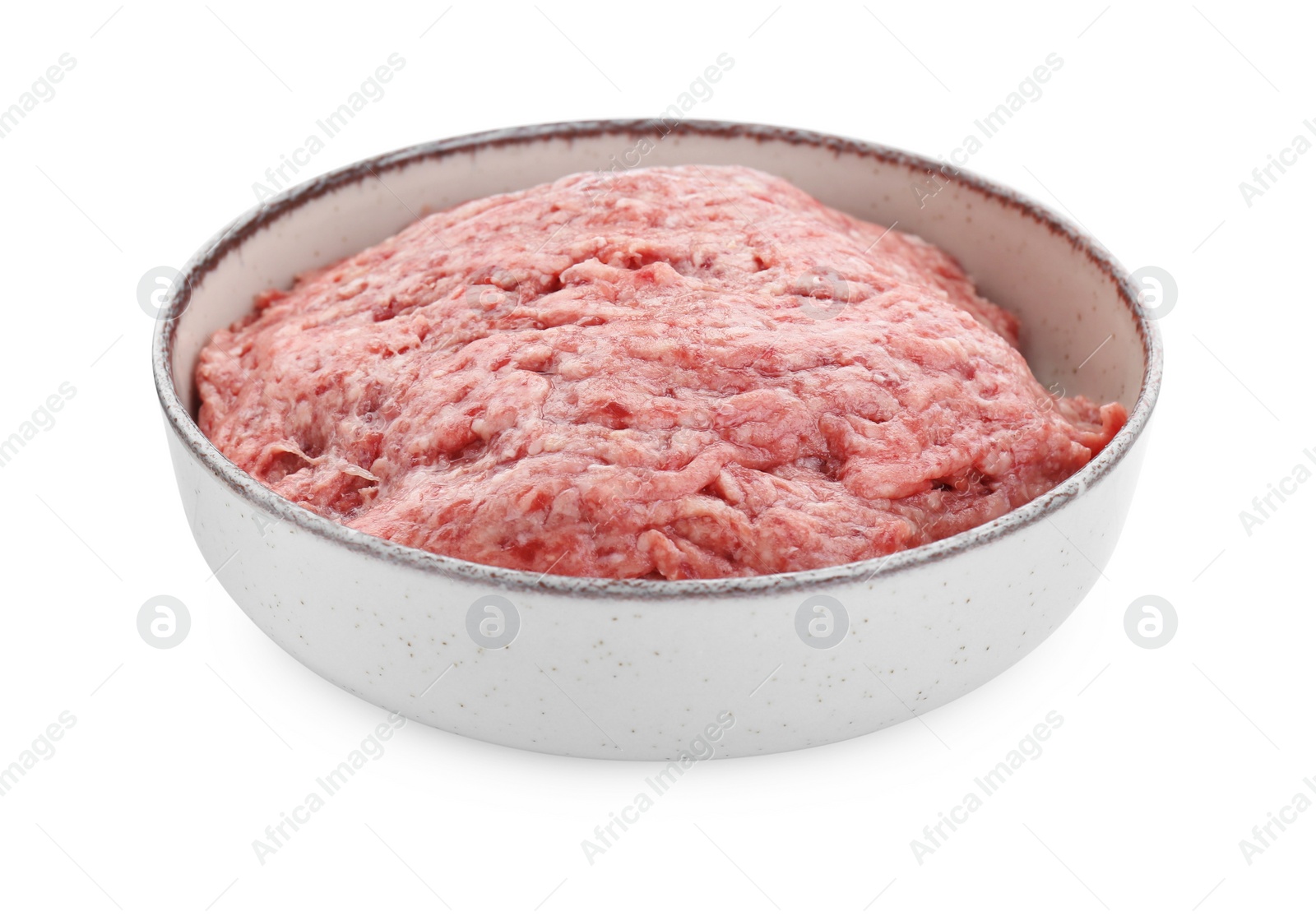 Photo of Bowl with raw fresh minced meat isolated on white