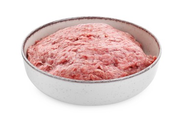 Photo of Bowl with raw fresh minced meat isolated on white