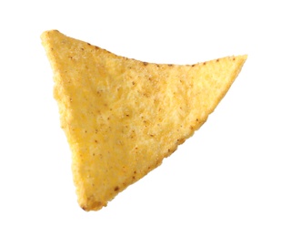 Photo of Tasty Mexican nacho chip on white background