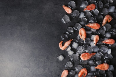 Photo of Flat lay composition with shrimps, ice cubes and space for text on dark background