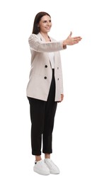 Photo of Beautiful young businesswoman in suit on white background