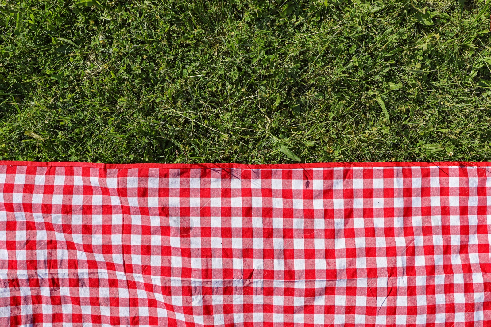 Photo of Checkered picnic tablecloth on fresh green grass, top view. Space for text