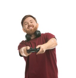 Photo of Happy man playing video game with controller on white background