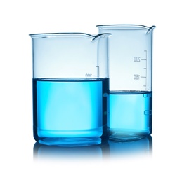 Photo of Beakers with liquid on table against color background. Laboratory analysis