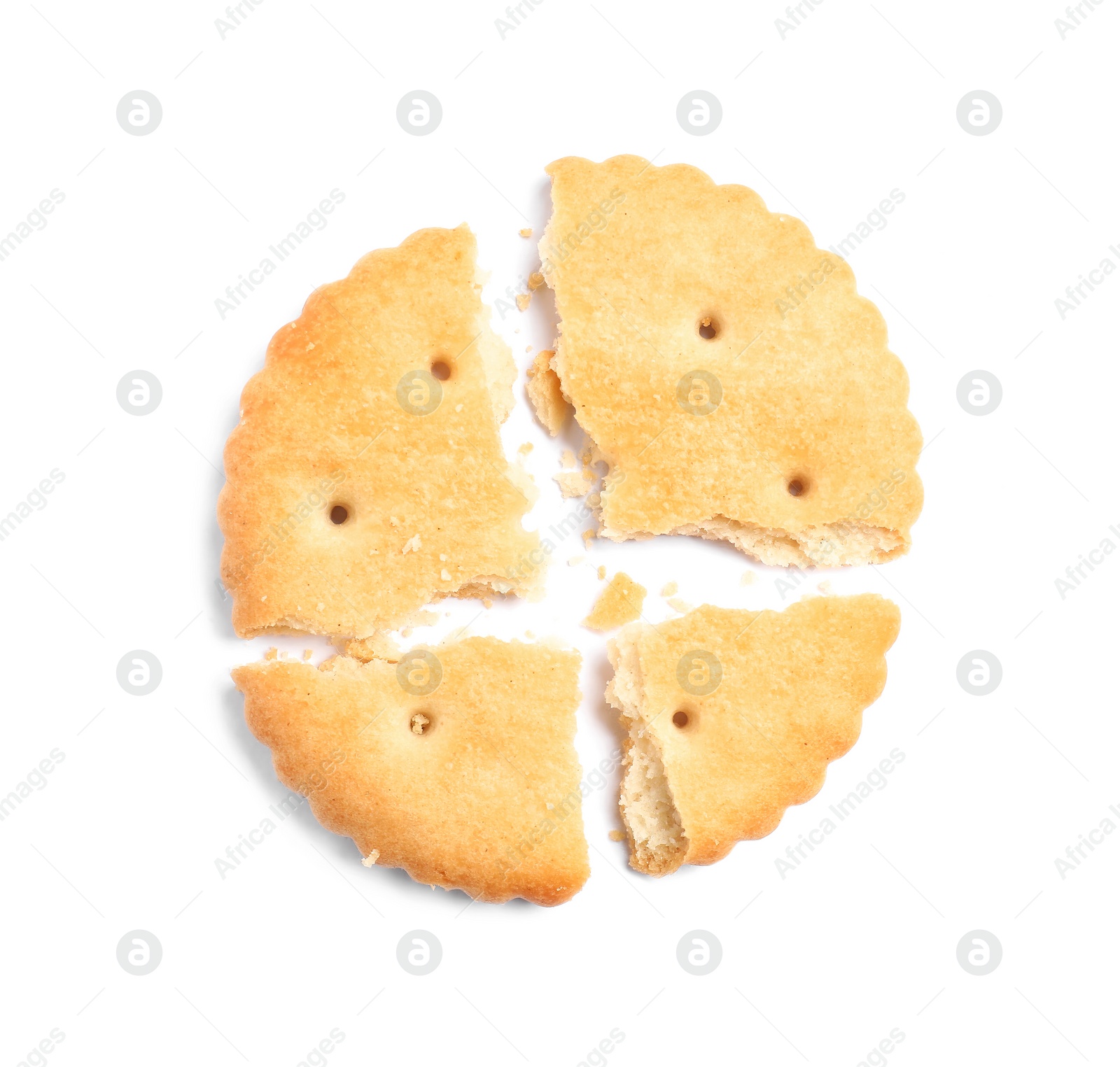 Photo of Crispy broken cracker isolated on white, top view