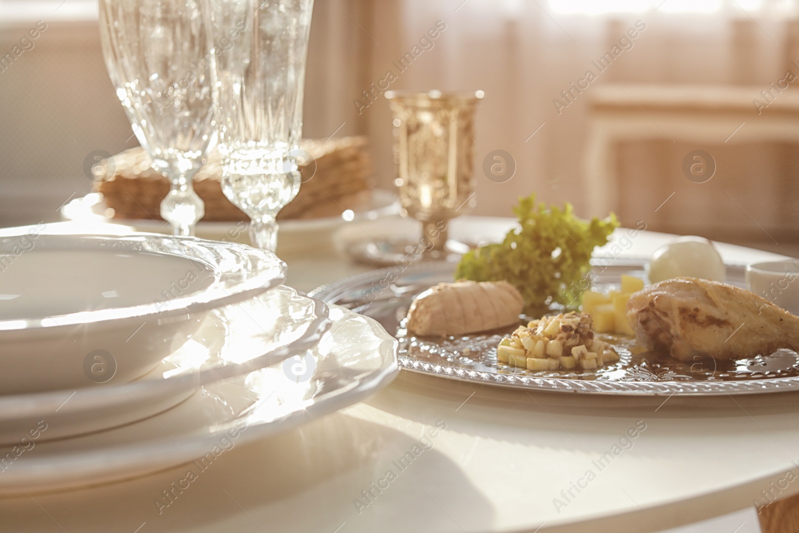 Photo of Table served for Passover (Pesach) Seder indoors