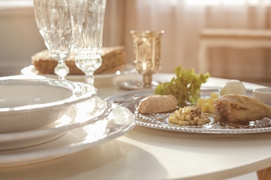 Table served for Passover (Pesach) Seder indoors