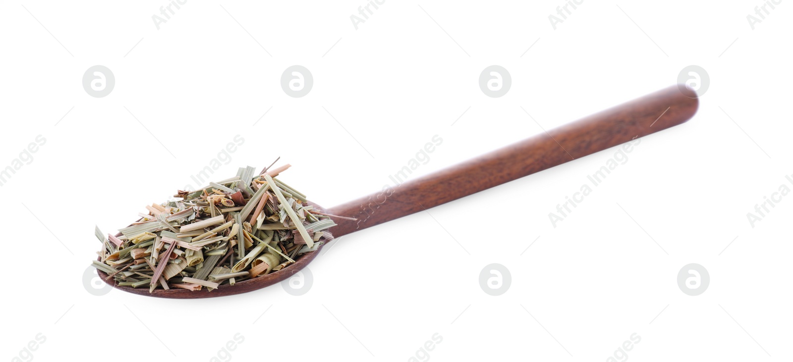 Photo of Wooden spoon of aromatic dried lemongrass isolated on white