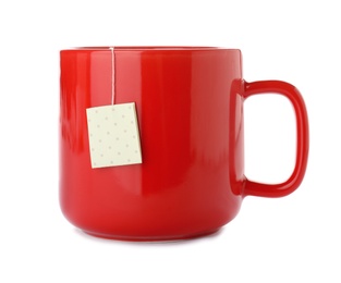 Photo of Cup of tasty tea on white background