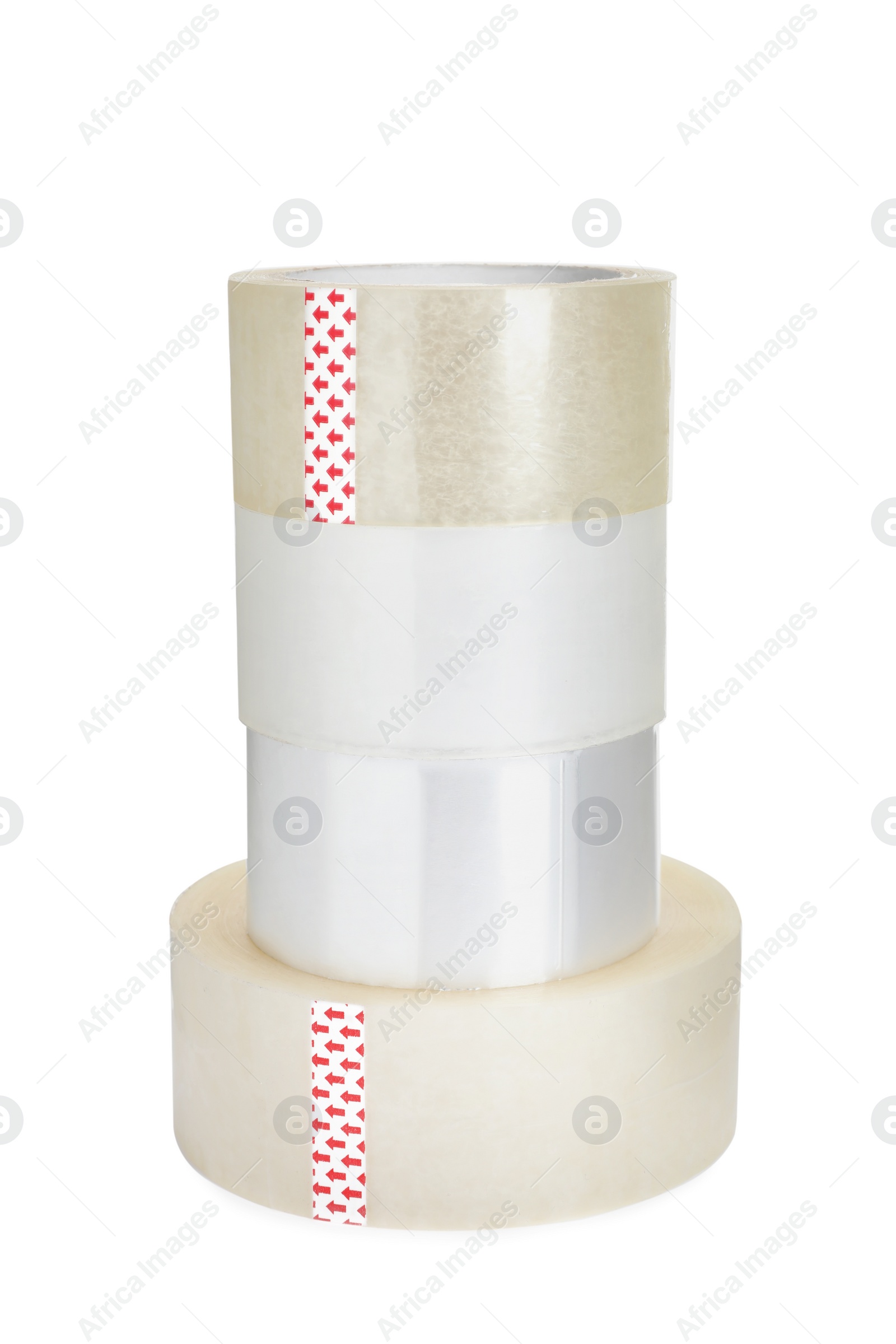 Photo of Many different rolls of adhesive tape on white background