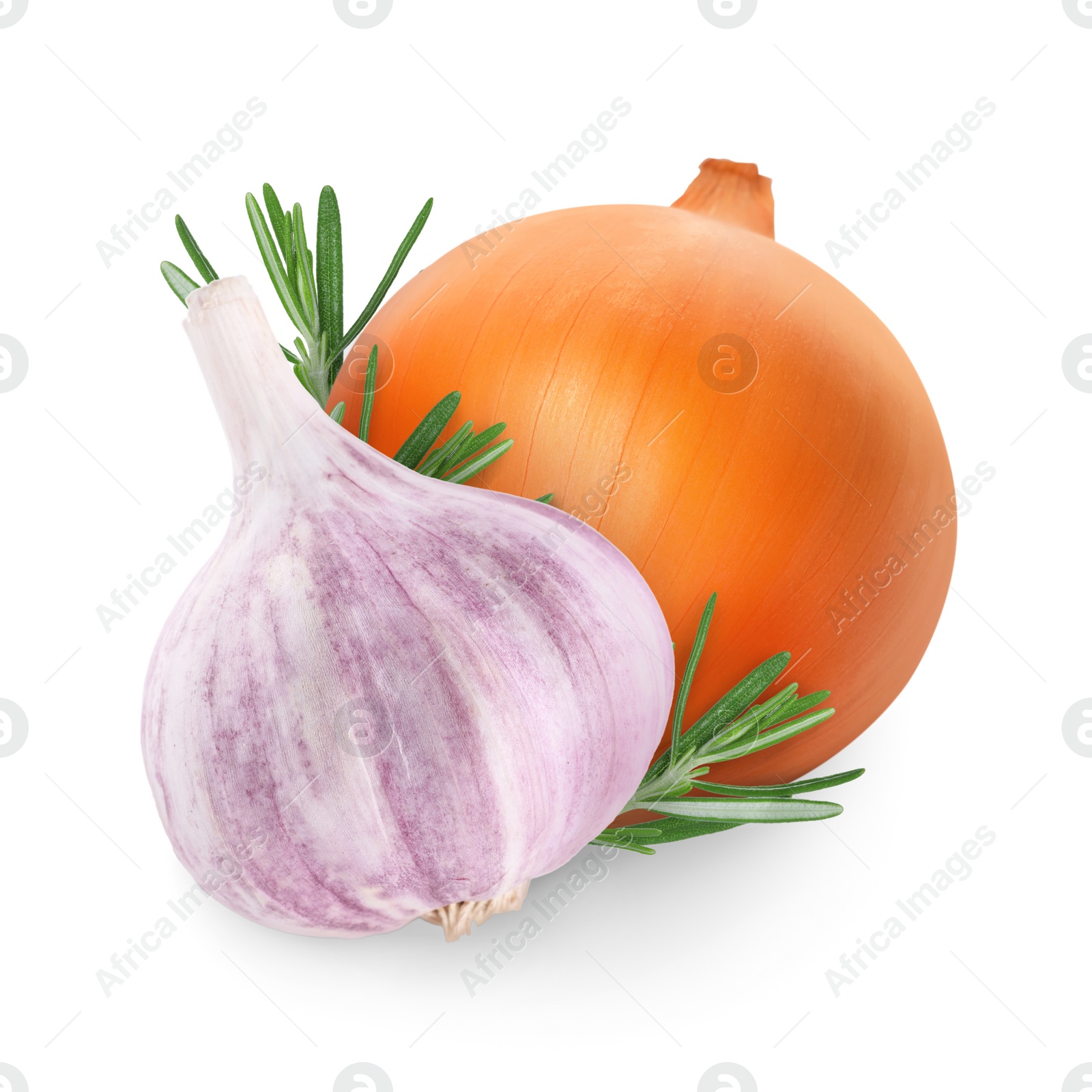 Image of Garlic, yellow onion and rosemary isolated on white