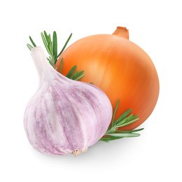 Image of Garlic, yellow onion and rosemary isolated on white