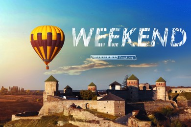 Image of Weekend coming soon. Illustration of progress bar and beautiful view of hot air balloon flying near castle