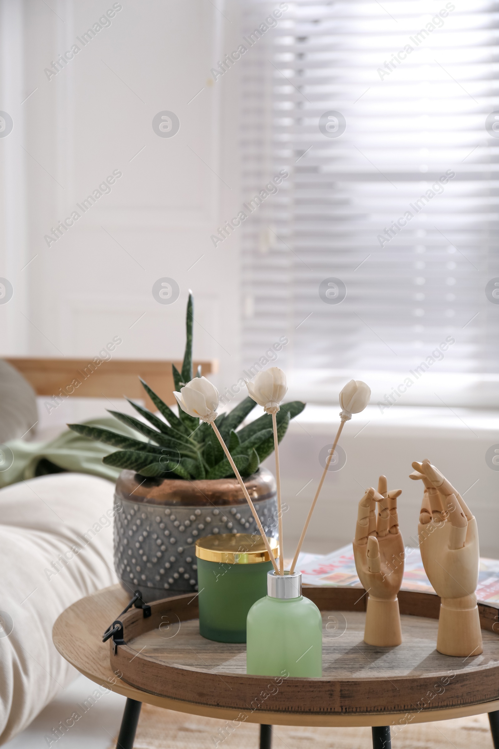 Photo of Wooden tray with air reed freshener, plant and mannequin hands on table in living room